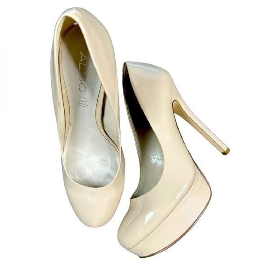 Aldo Beige Patent Leather Platform Pumps Stiletto Round Toe Heels Size 8‎